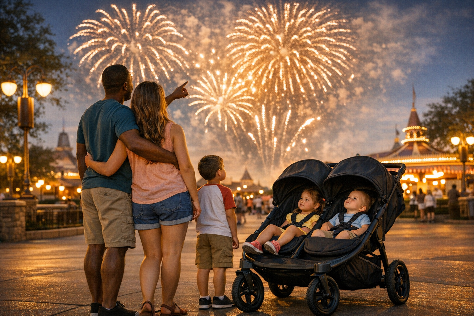 Family watching theme park fireworks with a stroller in a relaxed, less crowded viewing area