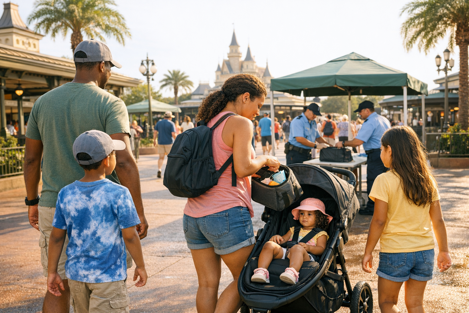 family entering a theme park with snacks and water bottles in a backpack on a sunny day