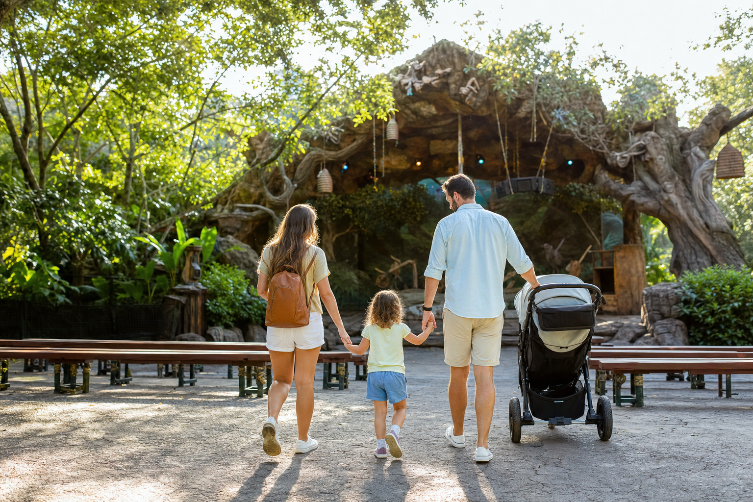 Young family entering a lush tree-themed theater area at a wildlife-inspired theme park on a sunny Orlando day