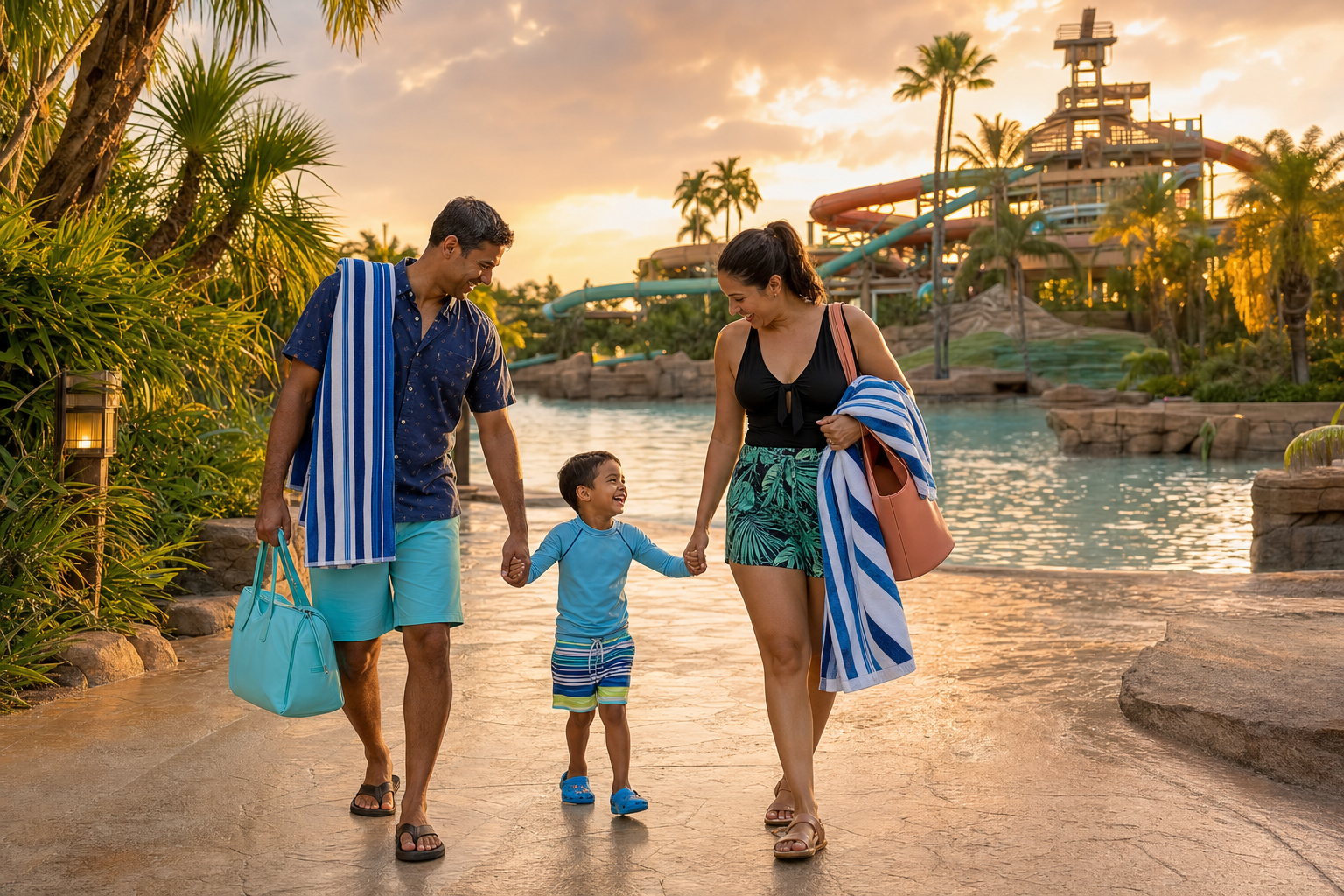 Family with a young child enjoying a tropical Orlando water park at sunset with glowing water slides in the background