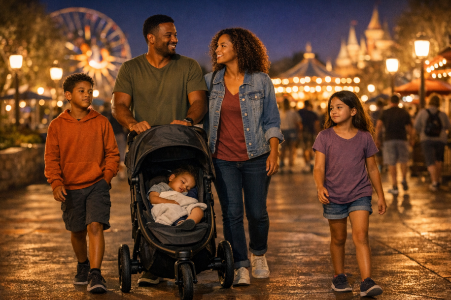 family walking through a theme park at night with a stroller and sleeping toddler