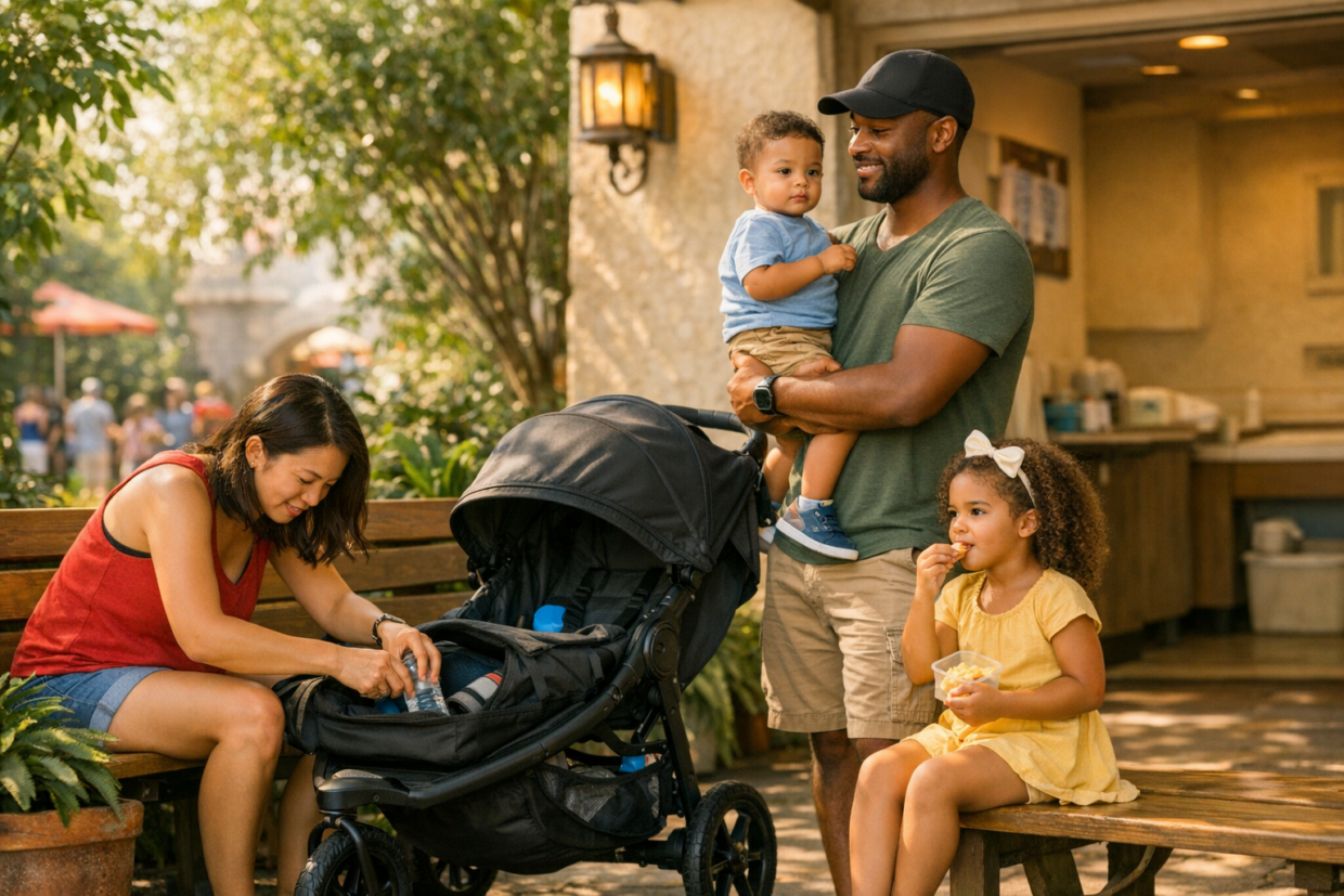 family with stroller taking a quiet break in a shaded theme park baby care area