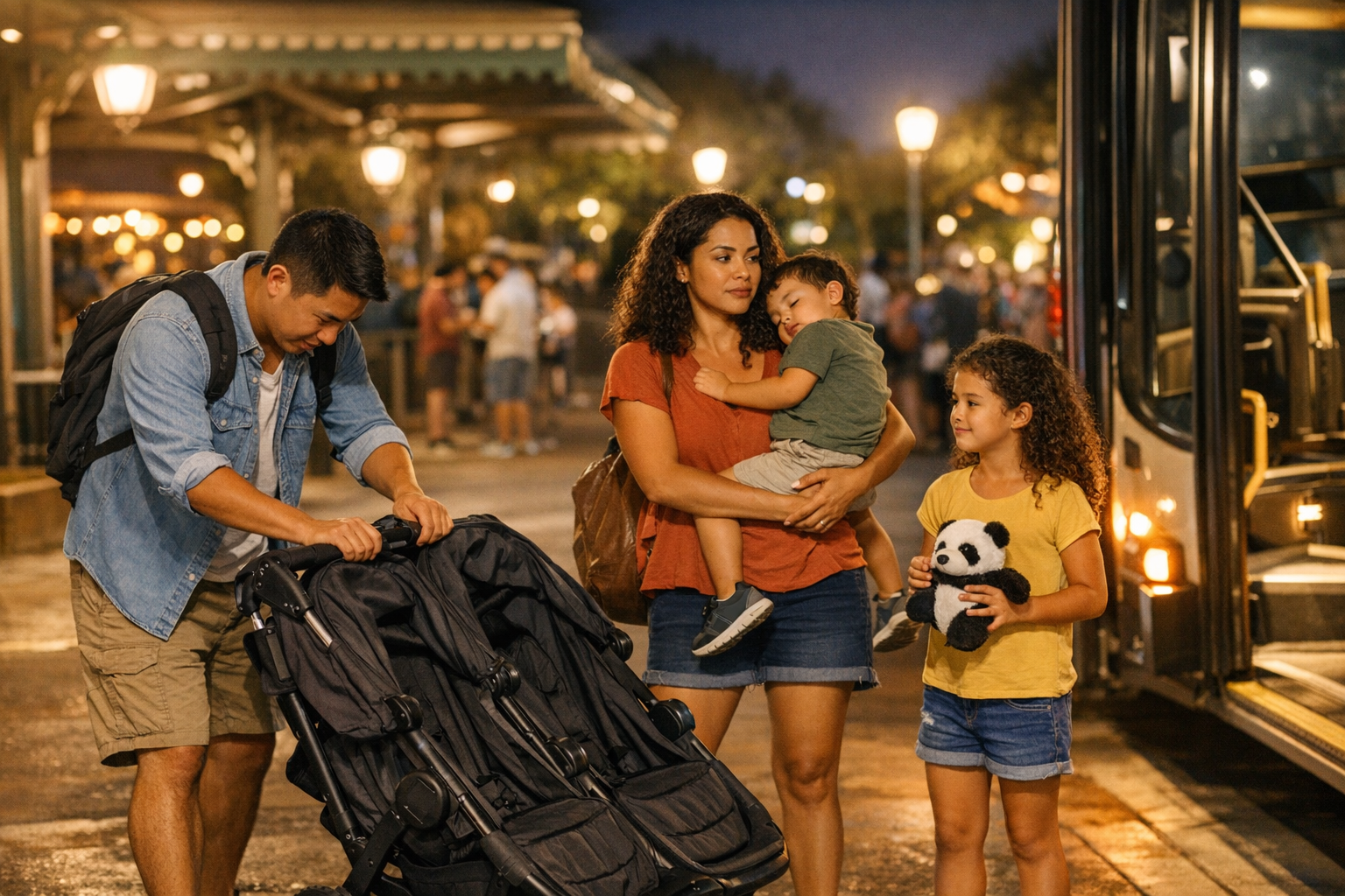 family folding stroller and boarding a bus at night after a theme park fireworks show
