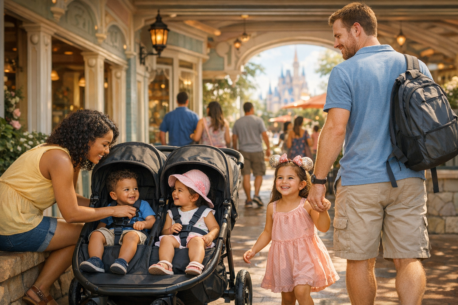 Family with young children and stroller arriving at a Disney-style restaurant for a character dining experience