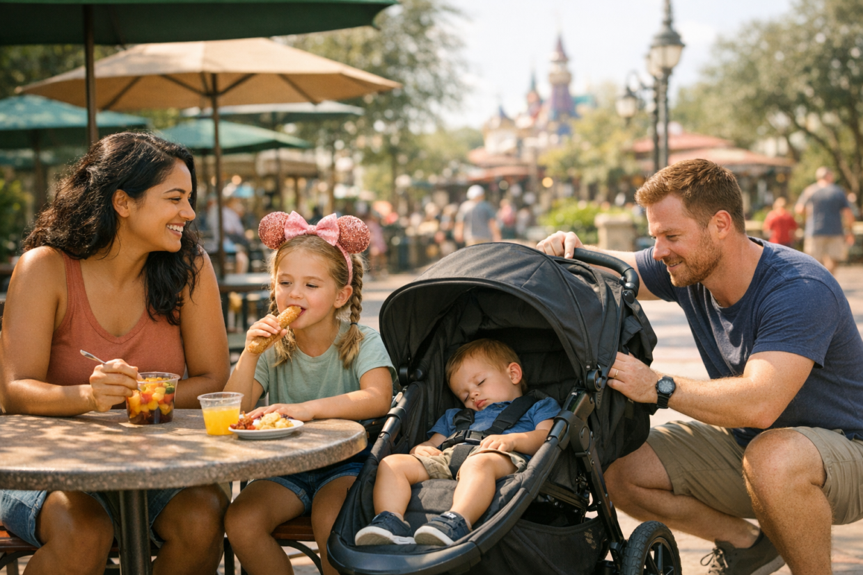 Family with toddler resting in stroller outside a theme park restaurant during a sunny afternoon