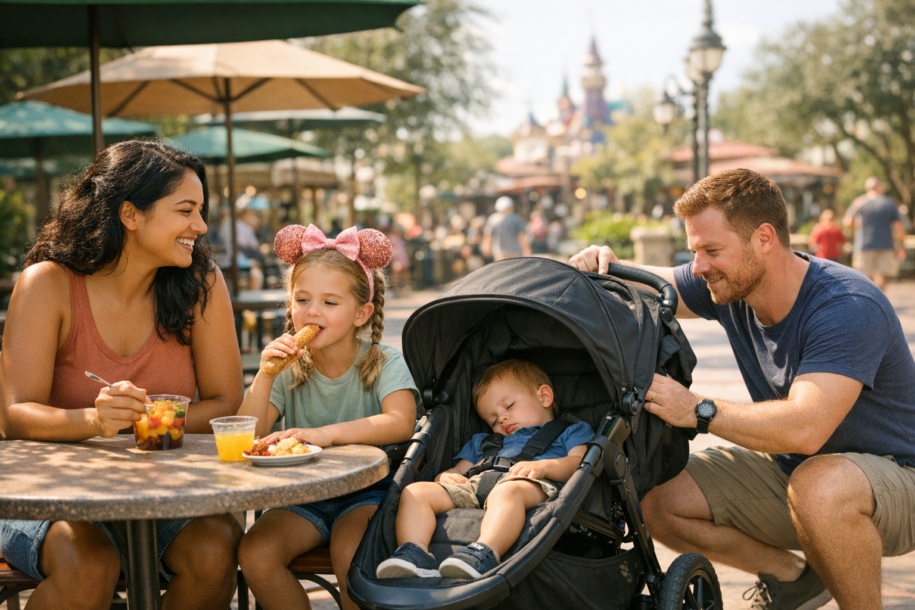 Family with toddler resting in stroller outside a theme park restaurant during a sunny afternoon