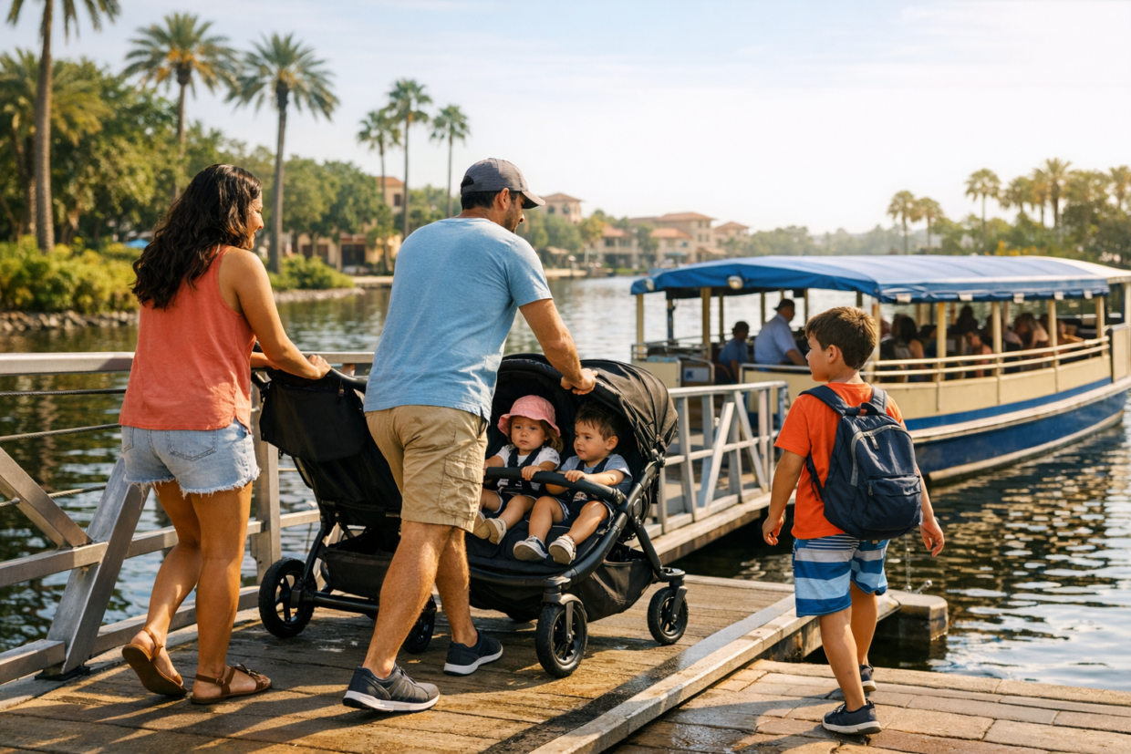 Family boarding a water taxi boat with a stroller near a resort walkway in Orlando