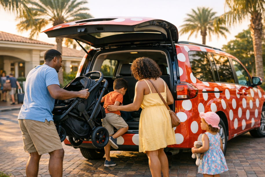 family folding stroller and loading into a red polka dot themed rideshare van in Orlando