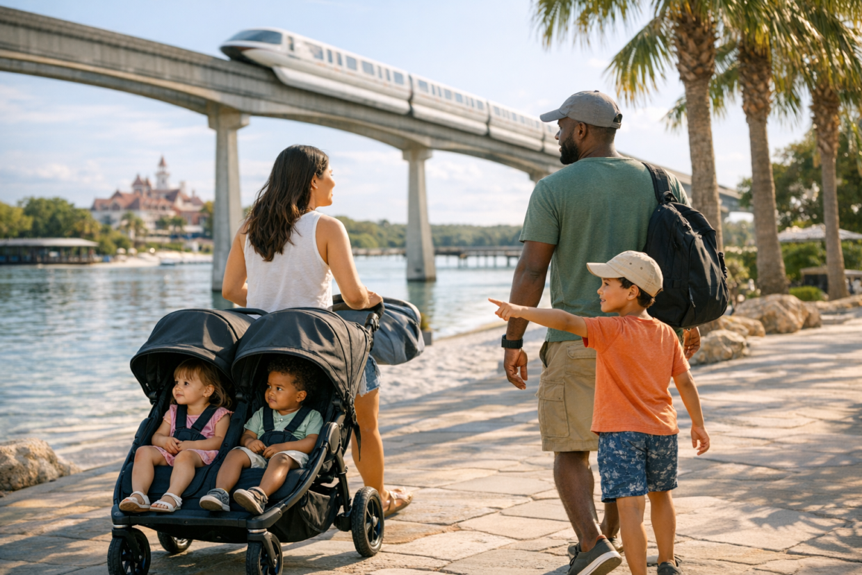 family walking with stroller near a resort monorail station on a relaxed Disney day