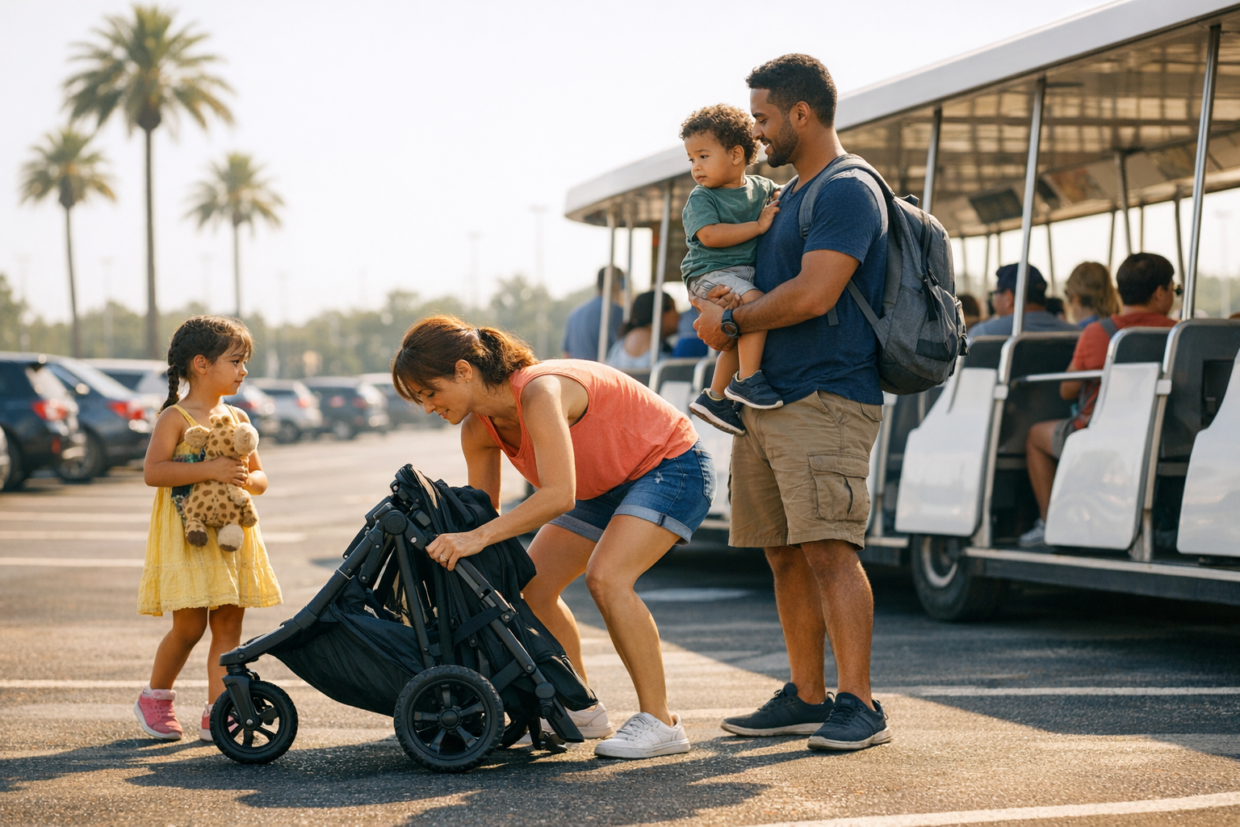 family folding stroller near theme park parking tram with young children