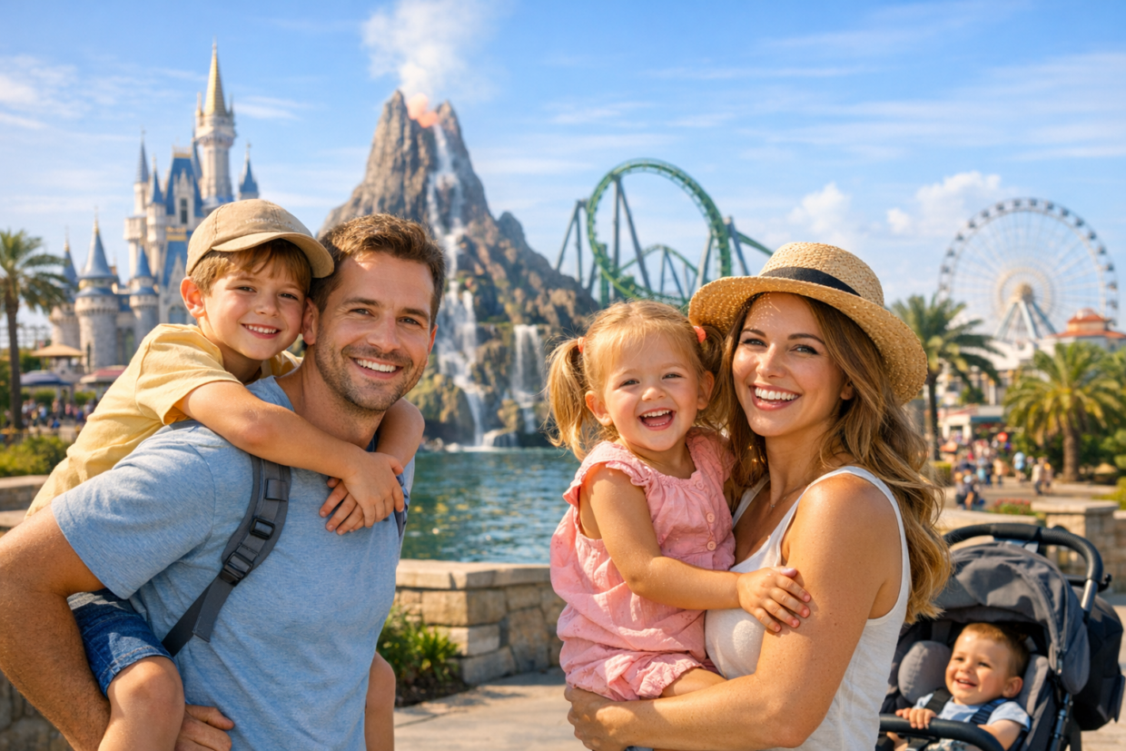 family with toddler organizing groceries and stroller at an Orlando resort hotel