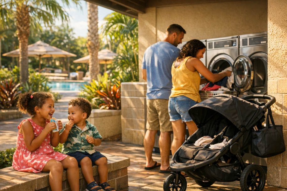 Family taking a break near a resort laundry area with stroller and kids relaxing