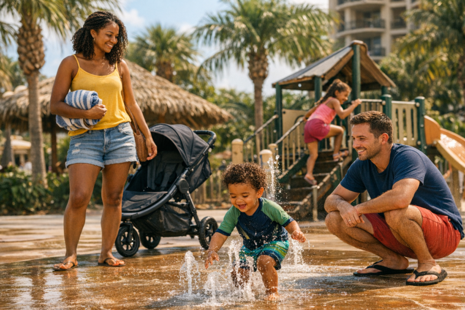 Family enjoying a Disney-style resort splash pad and playground area with a stroller nearby on a sunny day