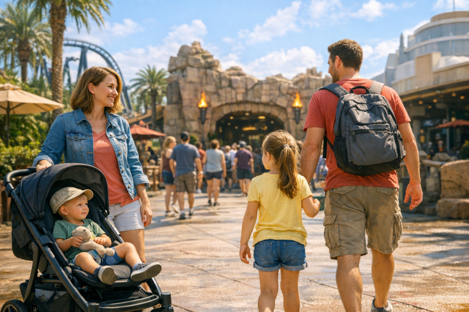 Parents using a stroller while taking turns on a ride at a busy Orlando theme park
