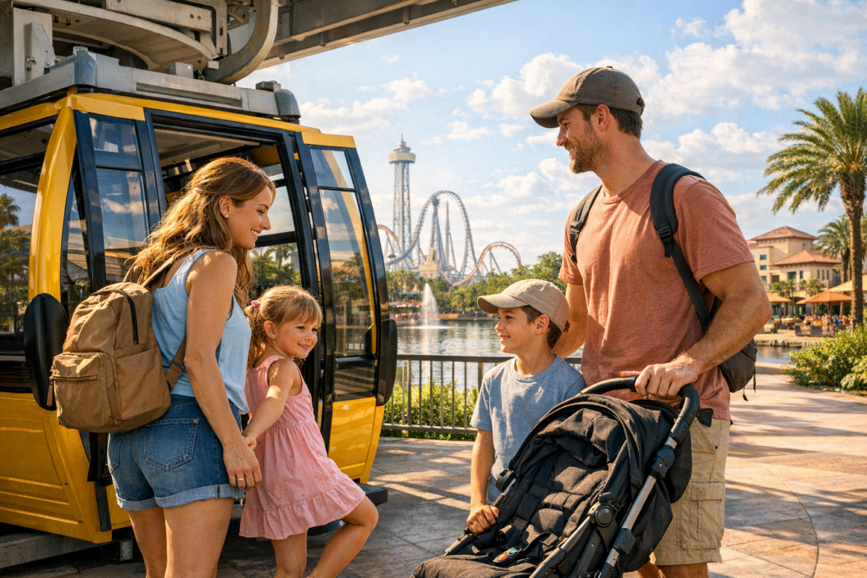 Family boarding a gondola lift in Orlando with a stroller and young children