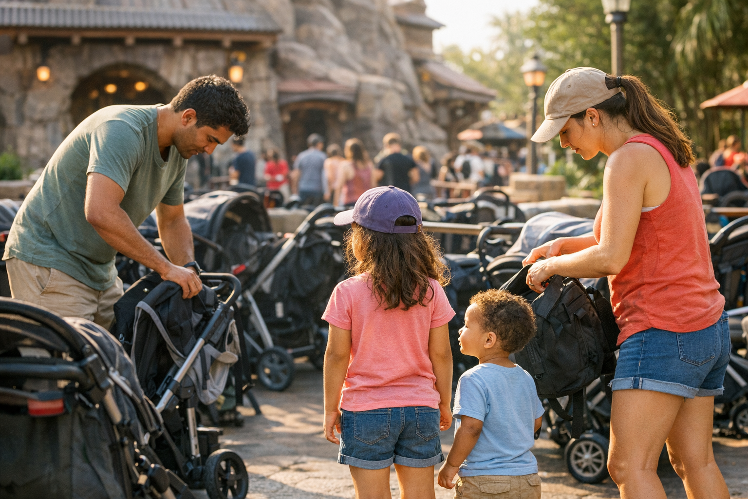 Family parking a stroller in a crowded theme park ride area while preparing to enter an attraction