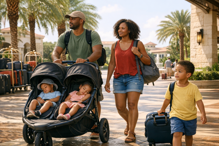 Family arriving early at a Disney resort walking with a stroller before check-in
