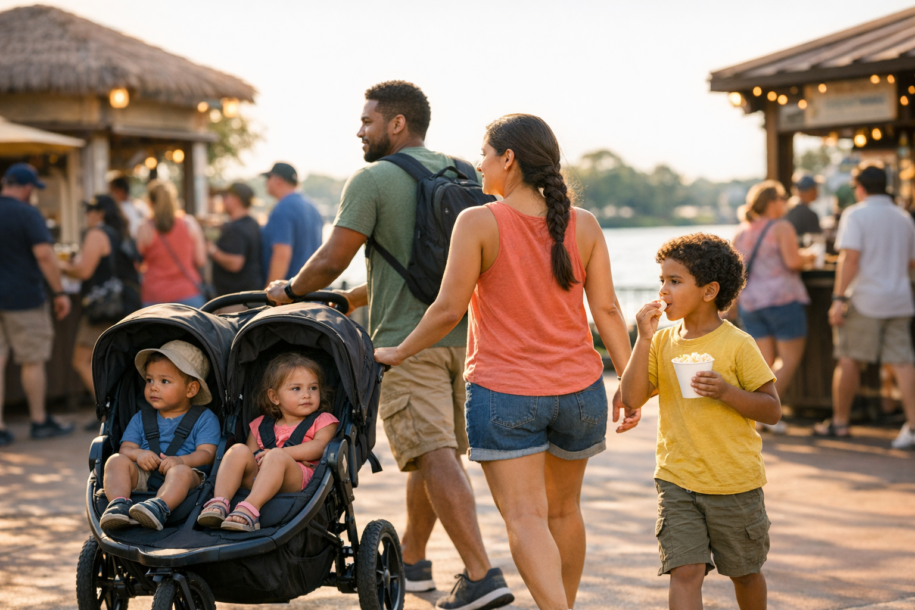 Family navigating a busy EPCOT-style outdoor festival walkway with a stroller and food booths