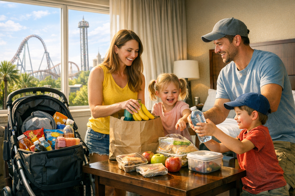 Family organizing groceries in a hotel room before heading to Orlando theme parks
