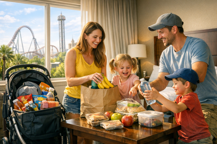 Family organizing groceries in a hotel room before heading to Orlando theme parks