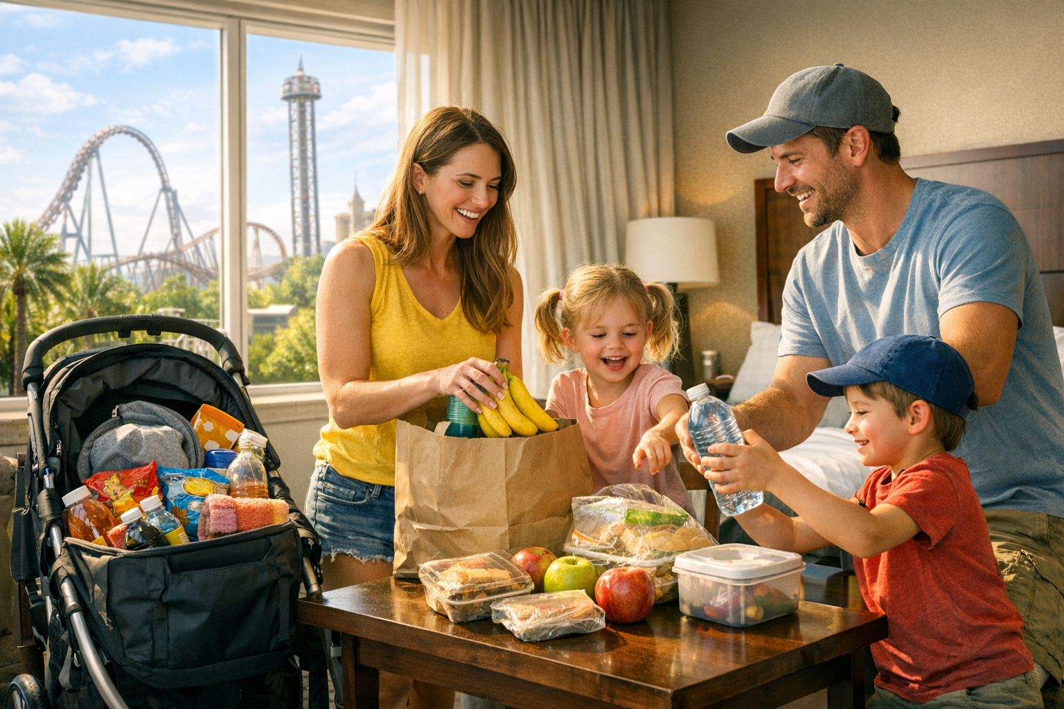 Family organizing groceries in a hotel room before heading to Orlando theme parks