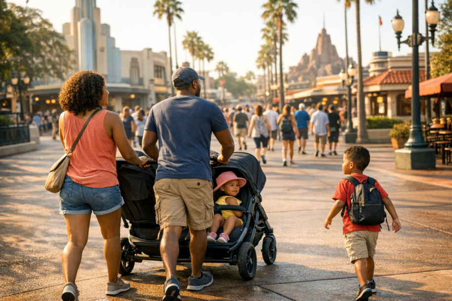 family navigating Hollywood Studios at rope drop with a stroller in early morning light