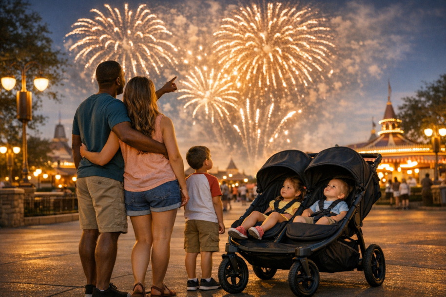 Family watching theme park fireworks with a stroller in a relaxed, less crowded viewing area