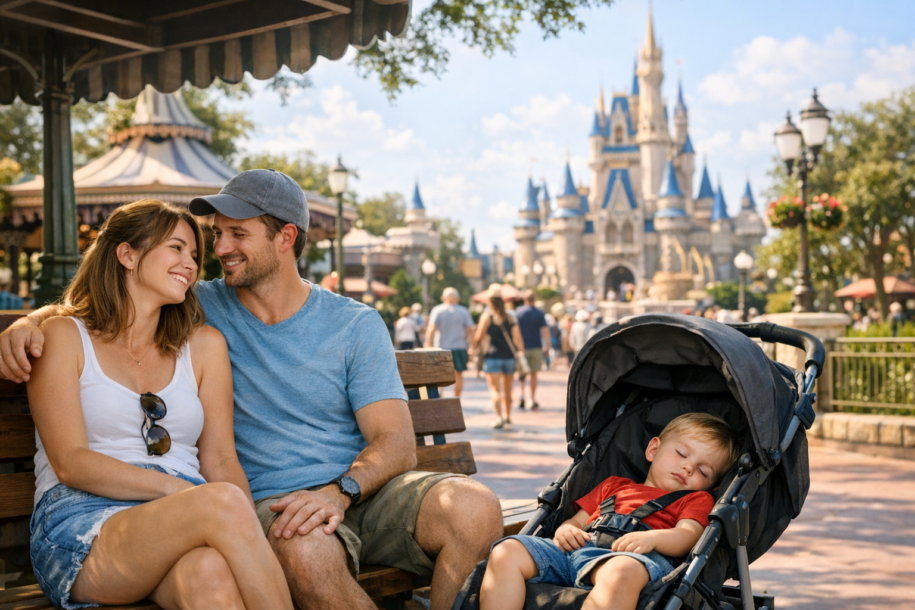 Family with toddler resting in a stroller during a sunny day at a theme park after a morning of rides