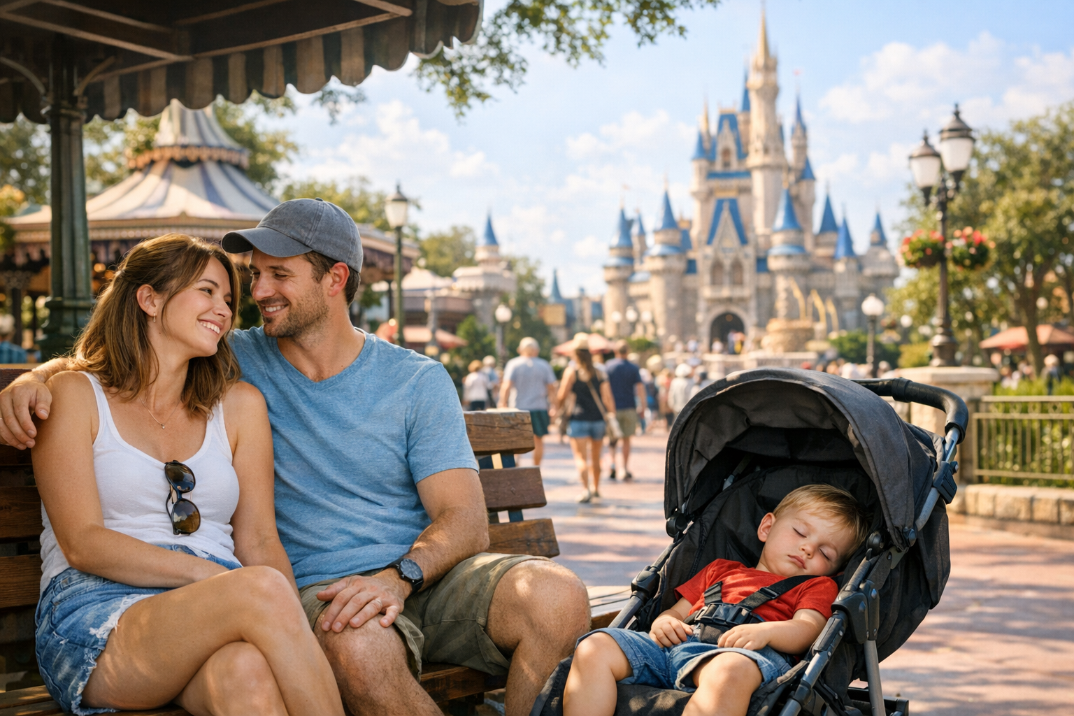 Family with toddler resting in a stroller during a sunny day at a theme park after a morning of rides