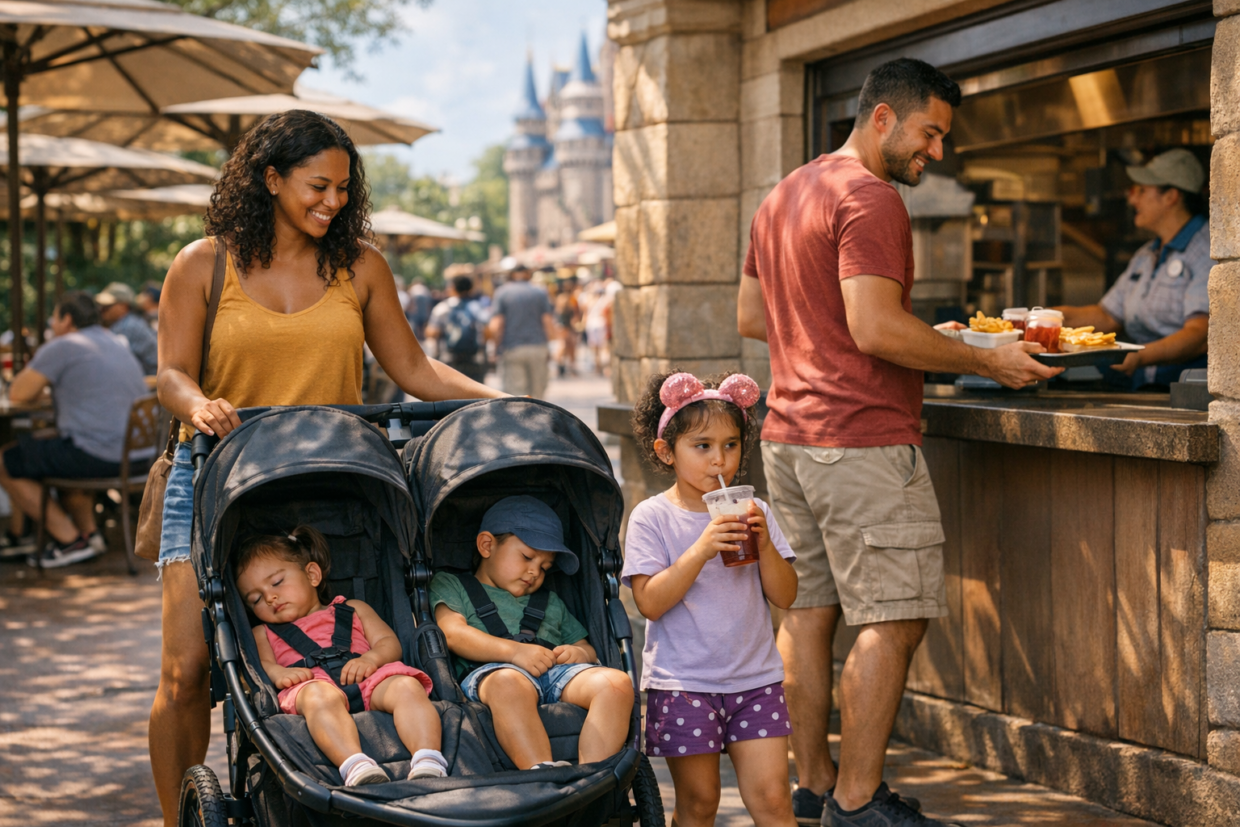 Family using a stroller while picking up mobile food order at a theme park quick service restaurant