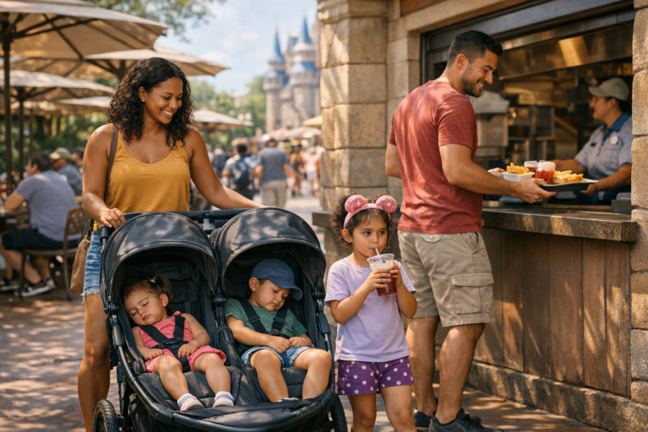 Family using a stroller while picking up mobile food order at a theme park quick service restaurant