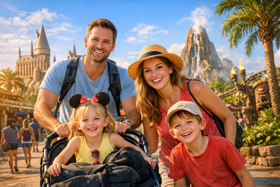 family navigating Orlando airport with stroller and young children arriving for vacation