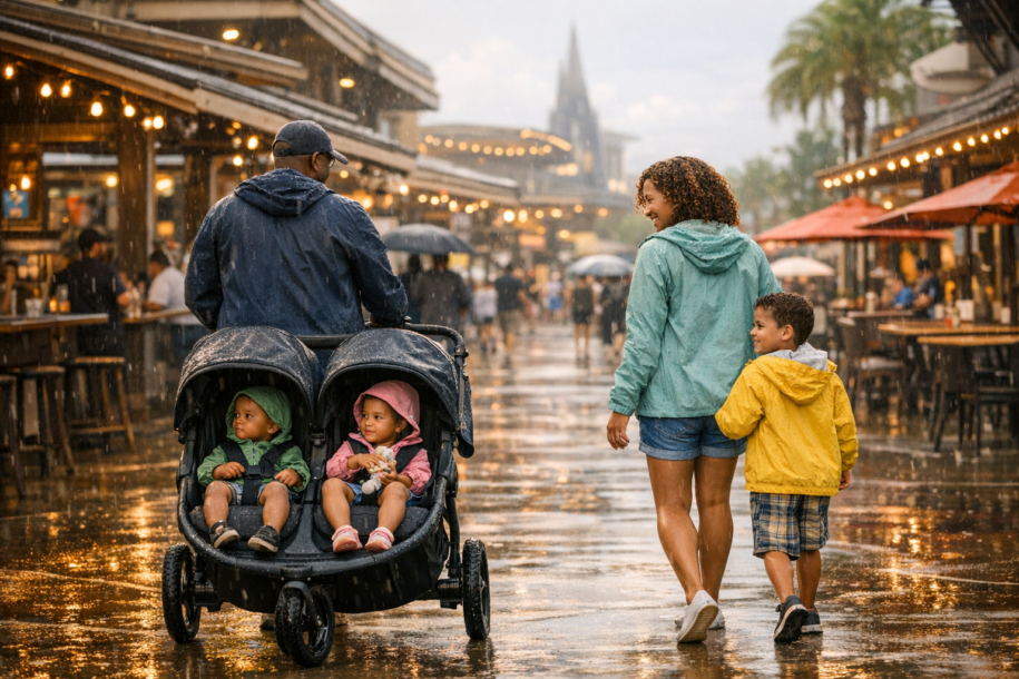 family with stroller walking through covered CityWalk area during light rain