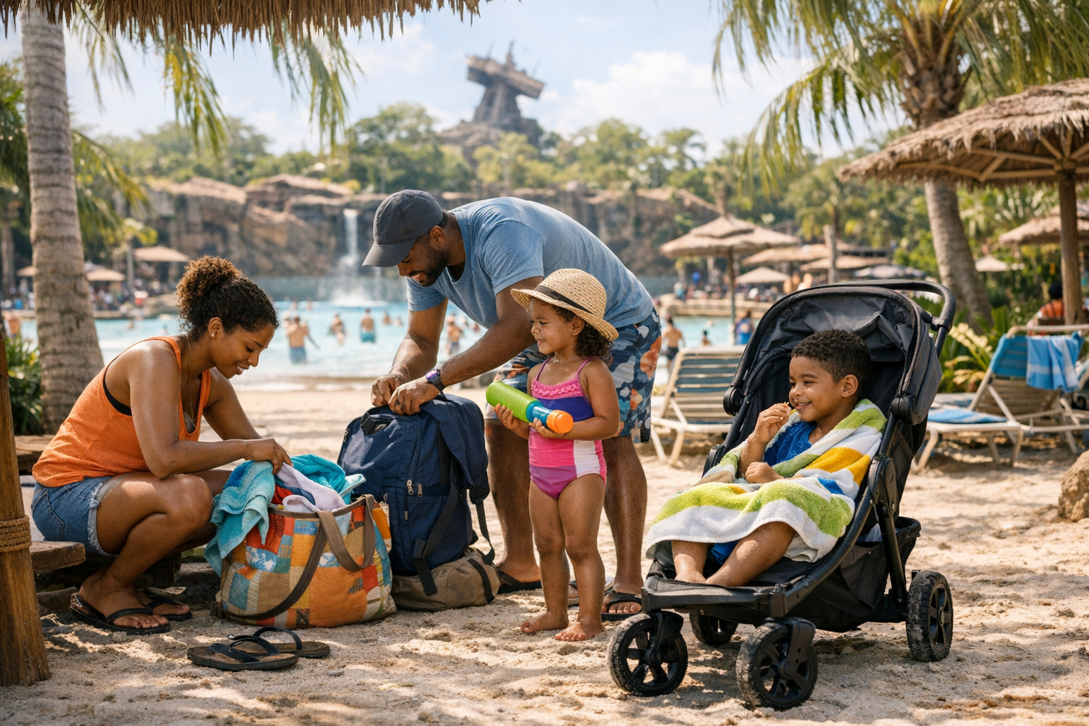 family with toddlers using a stroller in a shaded area at a tropical-style water park