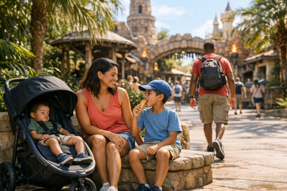 Family waiting in a shaded theme park area with a stroller while using child swap at a ride