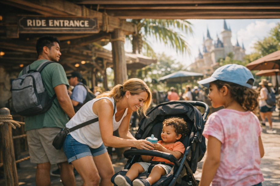 family using a stroller while waiting near a ride entrance at a theme park