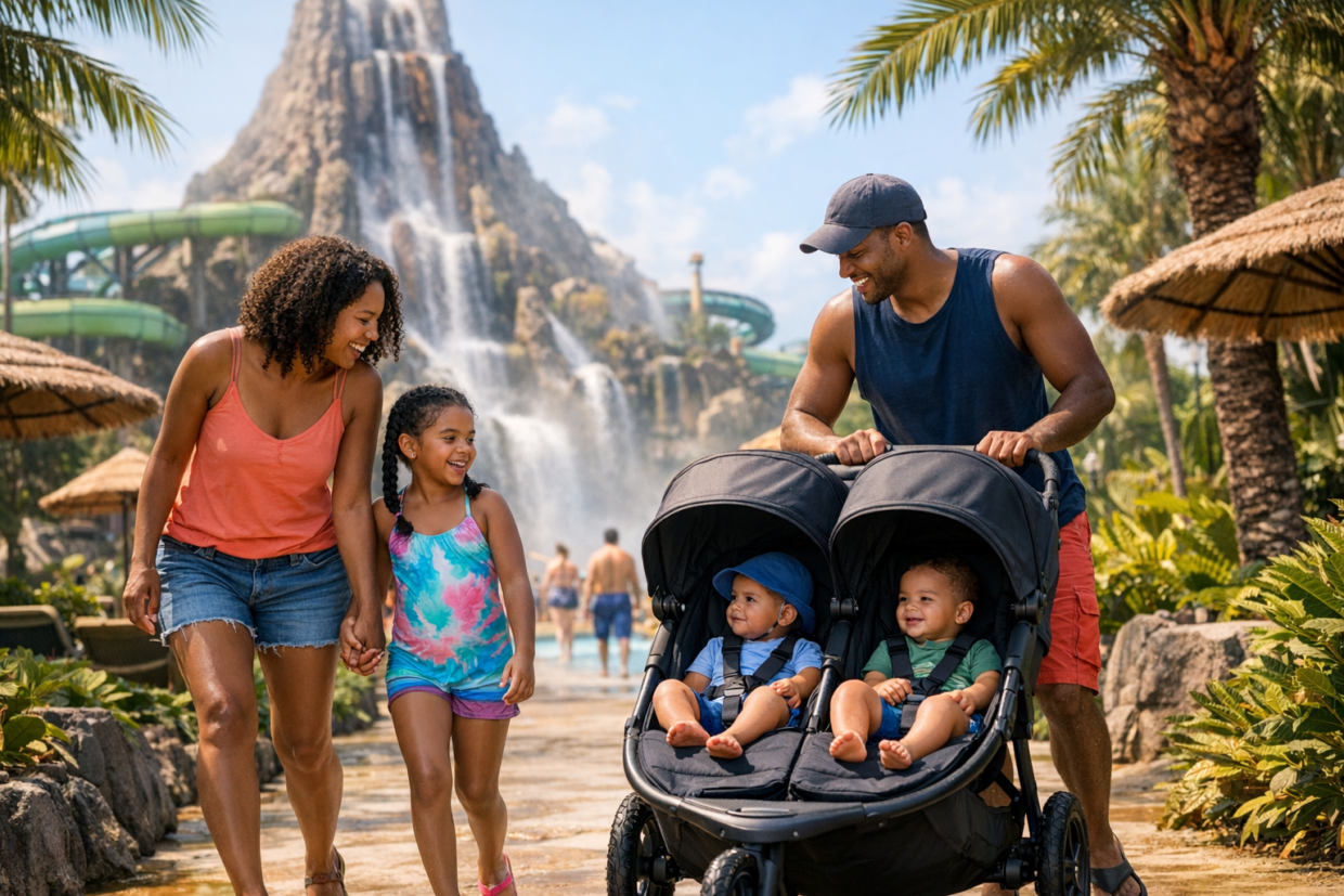 Family walking through a tropical water park with a stroller and young children on a sunny day