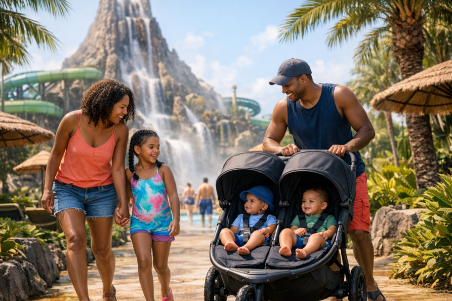 Family walking through a tropical water park with a stroller and young children on a sunny day