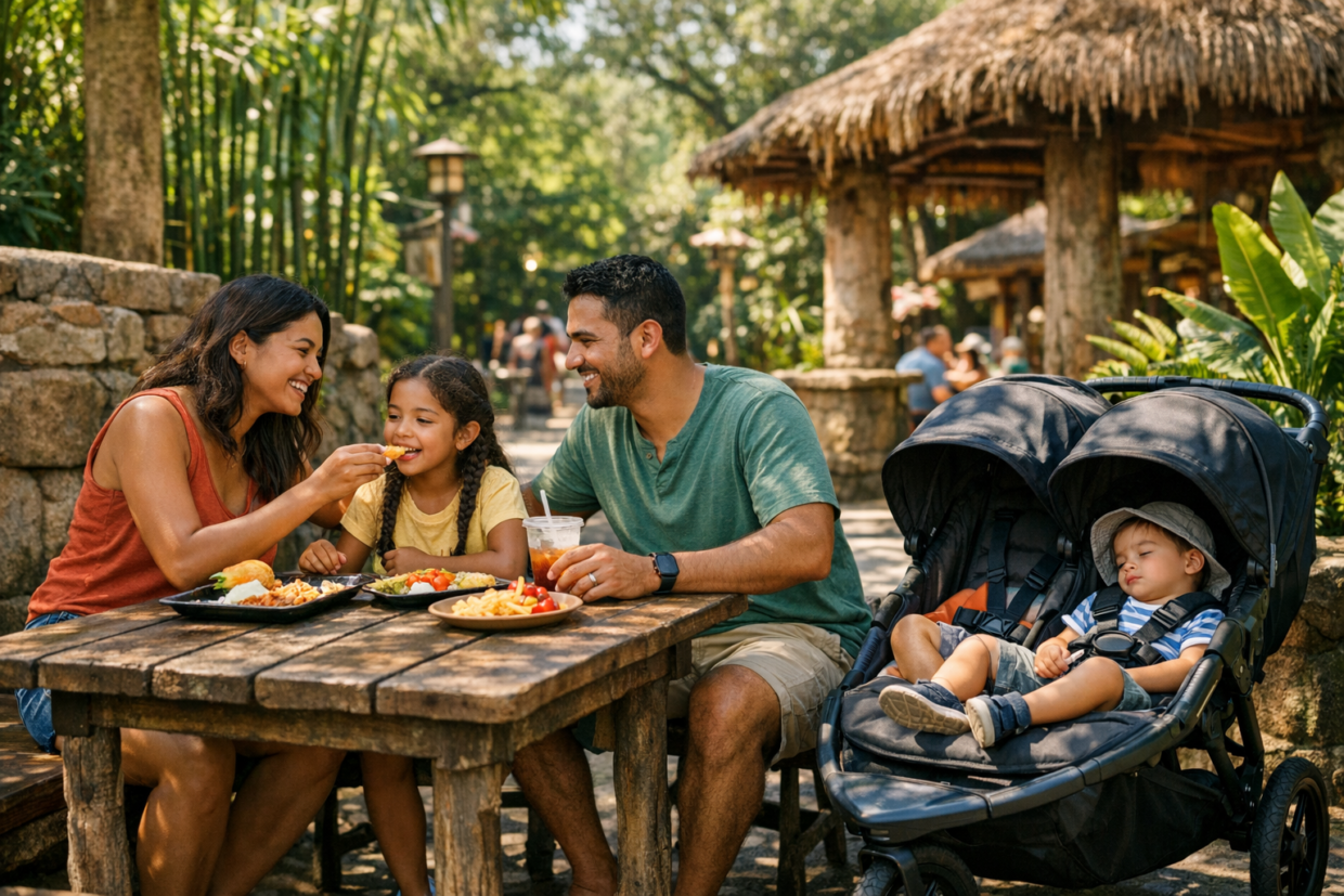 family with stroller taking a shaded meal break at a theme park outdoor restaurant