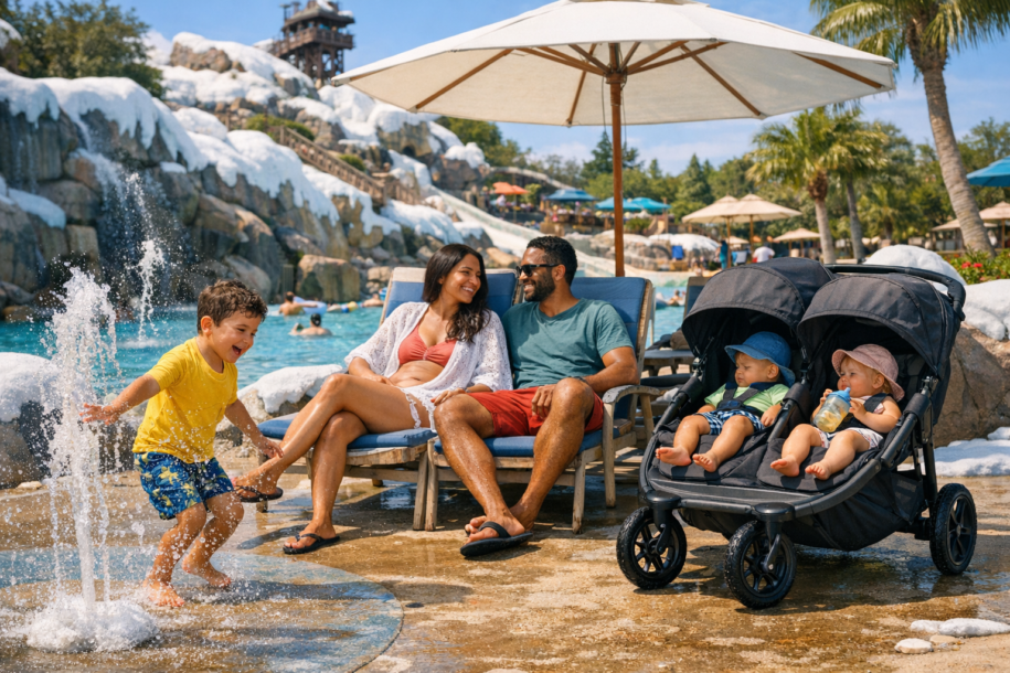 Family with toddler and stroller relaxing in shaded seating area at a water park similar to Disney’s Blizzard Beach