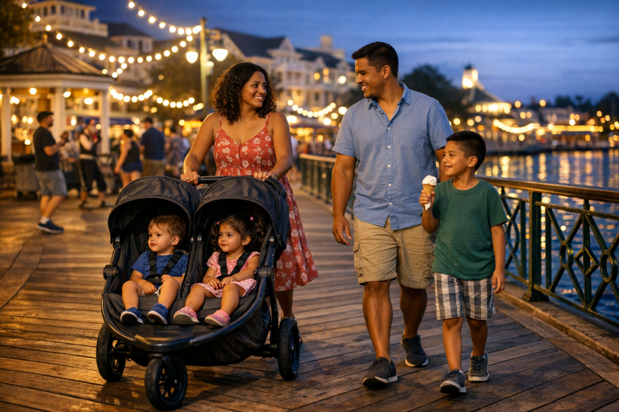 Family walking along a waterfront promenade at night with a stroller in a lively resort entertainment area