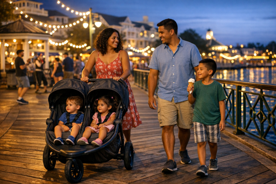 Family walking along a waterfront promenade at night with a stroller in a lively resort entertainment area