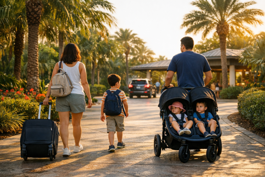 family leaving a Disney resort with stroller and luggage heading to airport transportation