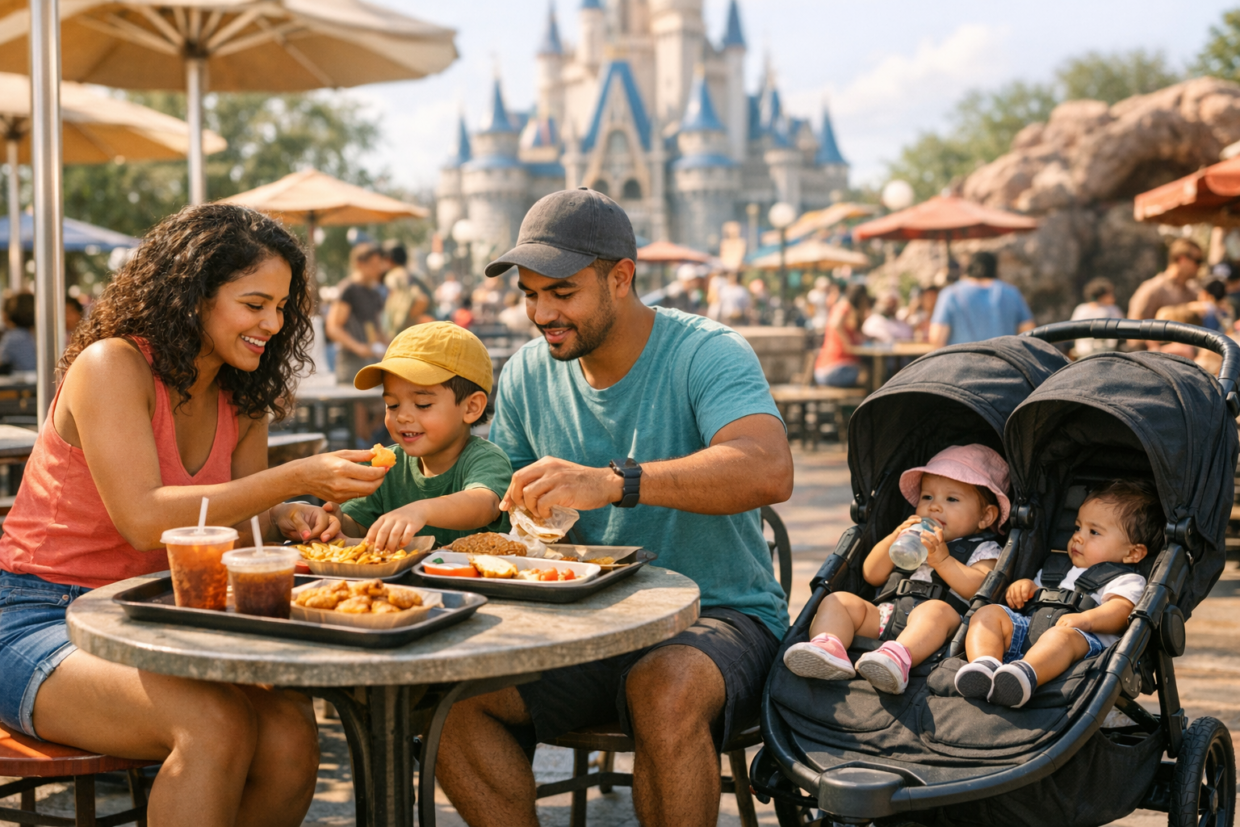 family managing stroller while eating at a busy theme park quick service restaurant
