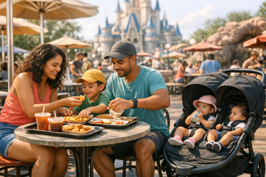 family managing stroller while eating at a busy theme park quick service restaurant