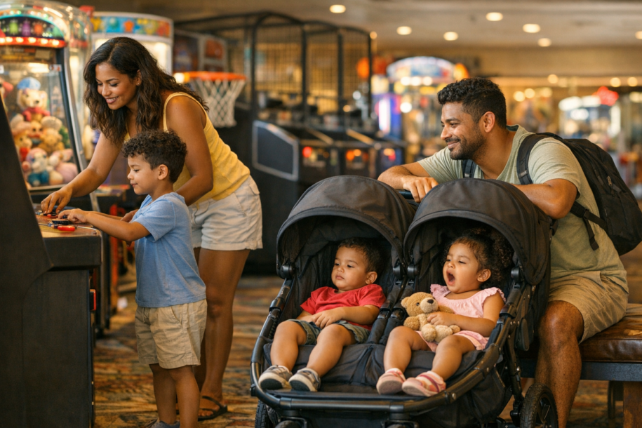 family with toddler and stroller entering a resort arcade area for a cool break during a hot day in Orlando
