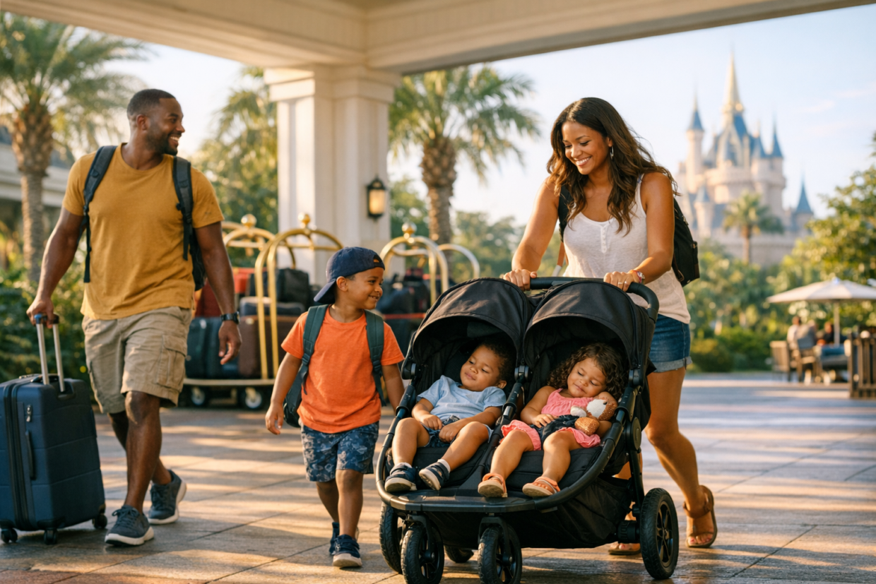 Family leaving a Disney resort with a stroller and luggage on checkout day