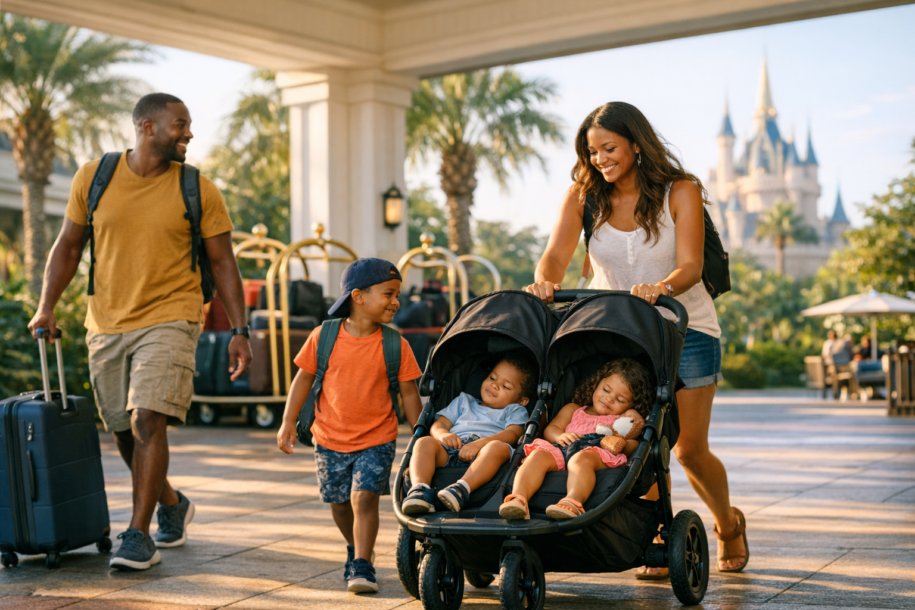 Family leaving a Disney resort with a stroller and luggage on checkout day