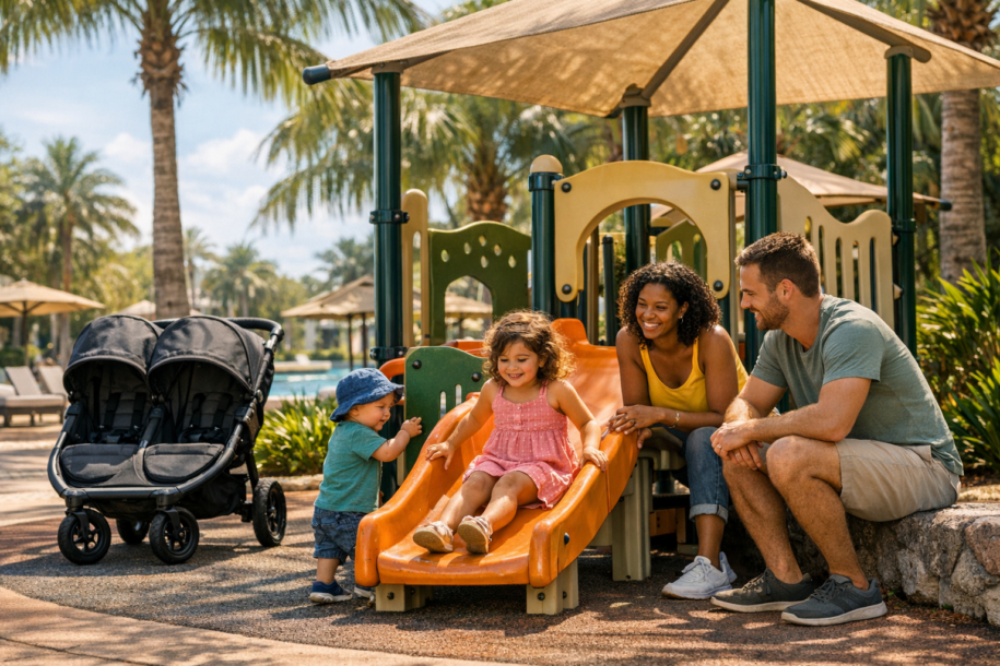 family taking a toddler to a shaded resort playground in Orlando during a midday theme park break