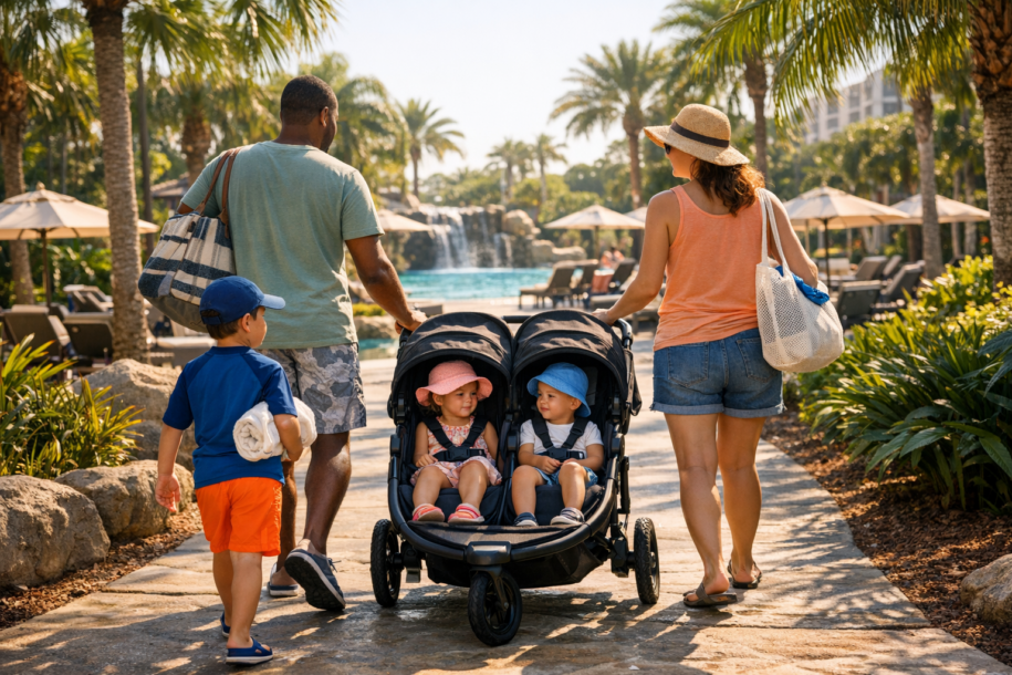 family walking to a Disney resort pool with a stroller and pool bags on a sunny day